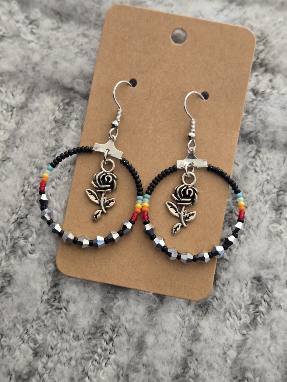 Black Beaded Hoop Earrings with Silver Rose Charm - Colorful Accent